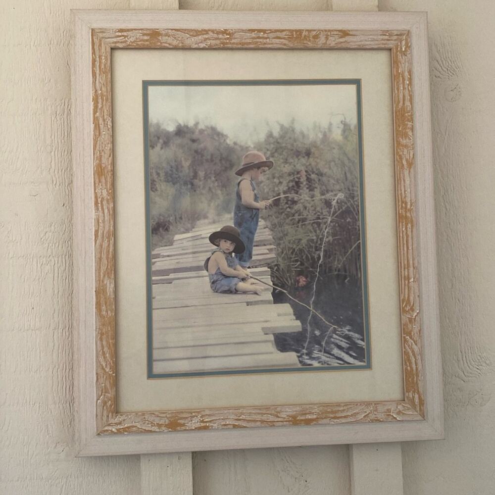 Country chic vintage custom framed boys fishing‎ on the creek wall art